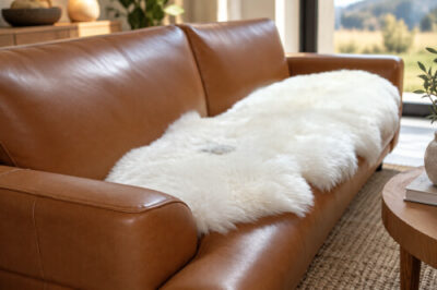 Bowron sheepskin rug on leather sofa
